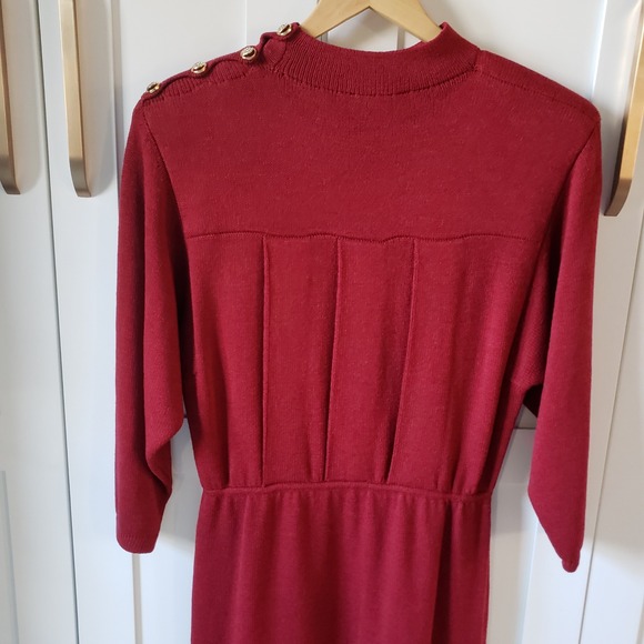 St John Marie Gray Dress Womens 12 Red Knit Mock Neck Shoulder Pads Made in USA - Picture 7 of 11